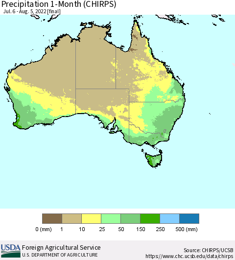 Australia Precipitation 1-Month (CHIRPS) Thematic Map For 7/6/2022 - 8/5/2022