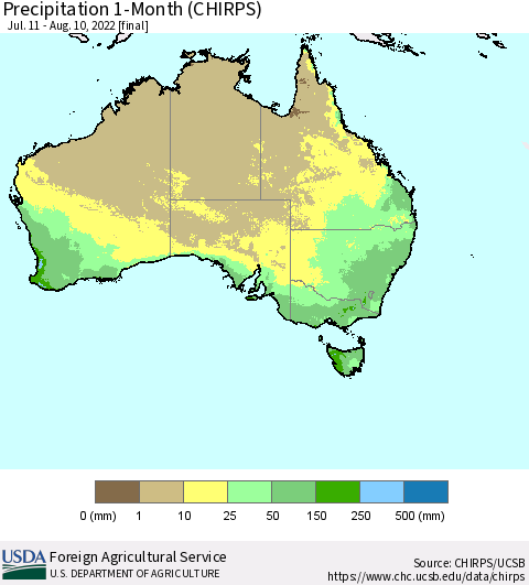 Australia Precipitation 1-Month (CHIRPS) Thematic Map For 7/11/2022 - 8/10/2022