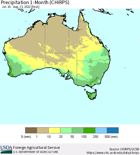Australia Precipitation 1-Month (CHIRPS) Thematic Map For 7/16/2022 - 8/15/2022