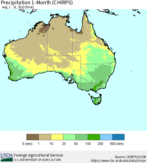 Australia Precipitation 1-Month (CHIRPS) Thematic Map For 8/1/2022 - 8/31/2022