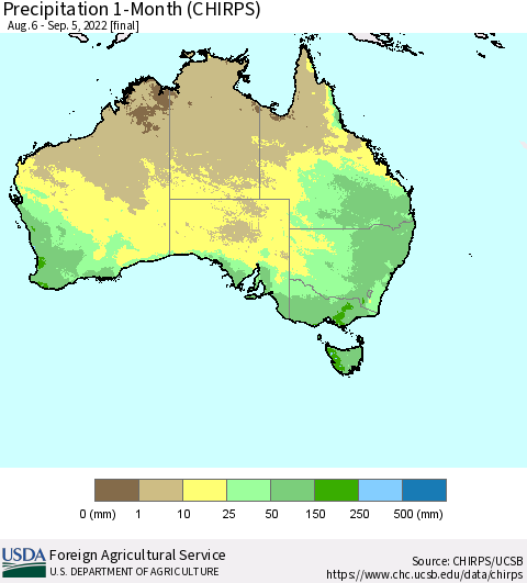 Australia Precipitation 1-Month (CHIRPS) Thematic Map For 8/6/2022 - 9/5/2022