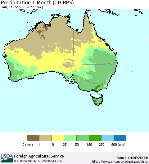 Australia Precipitation 1-Month (CHIRPS) Thematic Map For 8/11/2022 - 9/10/2022