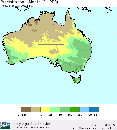 Australia Precipitation 1-Month (CHIRPS) Thematic Map For 8/16/2022 - 9/15/2022