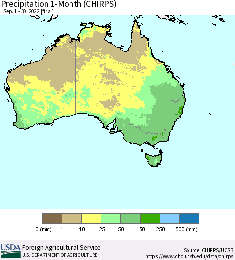 Australia Precipitation 1-Month (CHIRPS) Thematic Map For 9/1/2022 - 9/30/2022