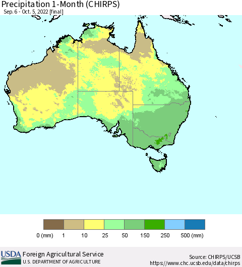 Australia Precipitation 1-Month (CHIRPS) Thematic Map For 9/6/2022 - 10/5/2022