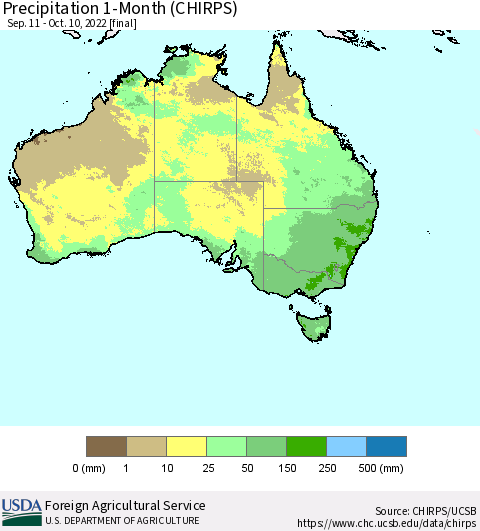 Australia Precipitation 1-Month (CHIRPS) Thematic Map For 9/11/2022 - 10/10/2022