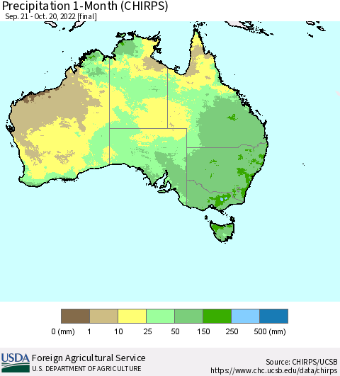 Australia Precipitation 1-Month (CHIRPS) Thematic Map For 9/21/2022 - 10/20/2022