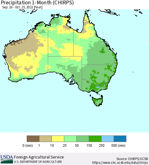 Australia Precipitation 1-Month (CHIRPS) Thematic Map For 9/26/2022 - 10/25/2022