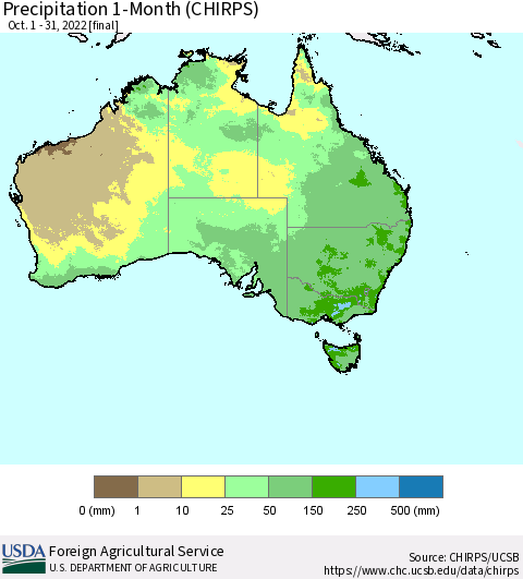 Australia Precipitation 1-Month (CHIRPS) Thematic Map For 10/1/2022 - 10/31/2022