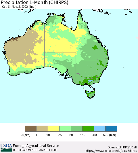 Australia Precipitation 1-Month (CHIRPS) Thematic Map For 10/6/2022 - 11/5/2022