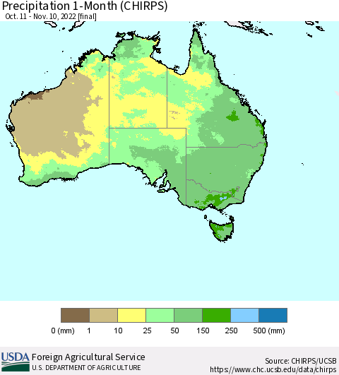 Australia Precipitation 1-Month (CHIRPS) Thematic Map For 10/11/2022 - 11/10/2022