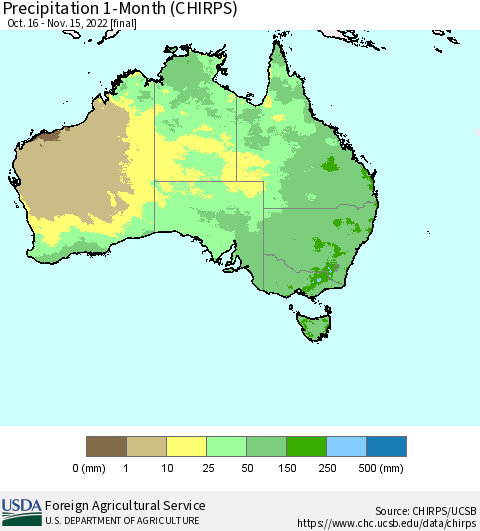 Australia Precipitation 1-Month (CHIRPS) Thematic Map For 10/16/2022 - 11/15/2022