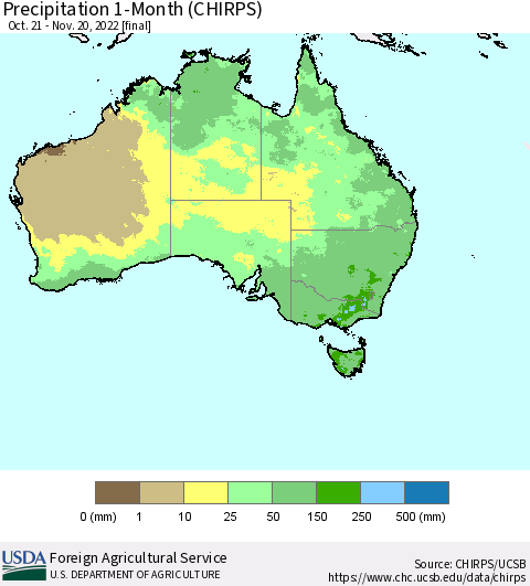 Australia Precipitation 1-Month (CHIRPS) Thematic Map For 10/21/2022 - 11/20/2022