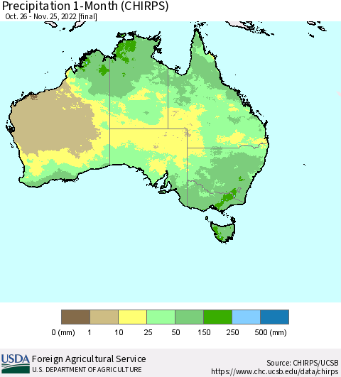 Australia Precipitation 1-Month (CHIRPS) Thematic Map For 10/26/2022 - 11/25/2022