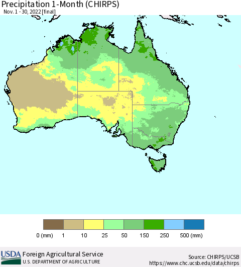 Australia Precipitation 1-Month (CHIRPS) Thematic Map For 11/1/2022 - 11/30/2022