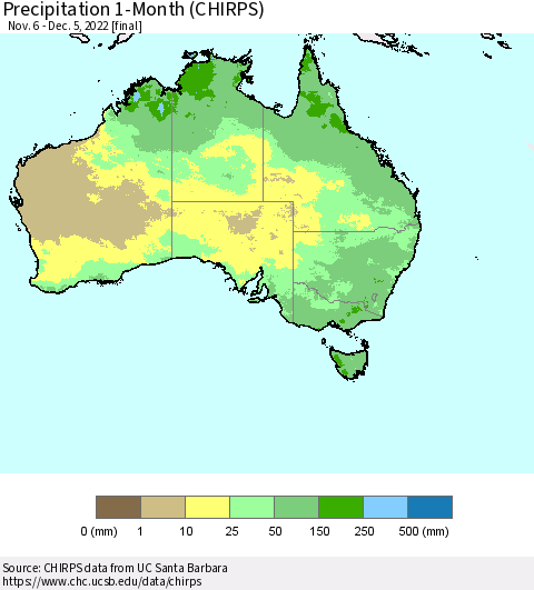 Australia Precipitation 1-Month (CHIRPS) Thematic Map For 11/6/2022 - 12/5/2022