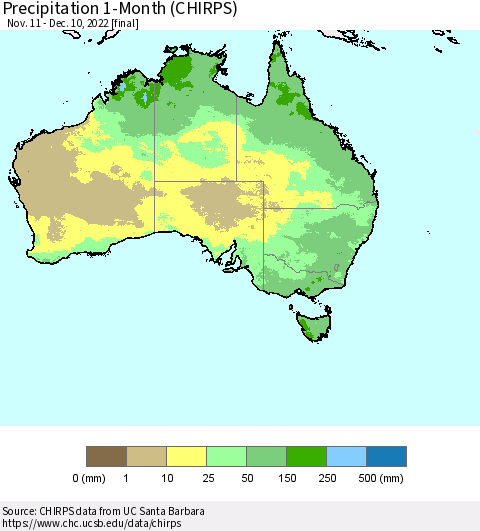 Australia Precipitation 1-Month (CHIRPS) Thematic Map For 11/11/2022 - 12/10/2022