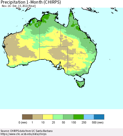 Australia Precipitation 1-Month (CHIRPS) Thematic Map For 11/16/2022 - 12/15/2022