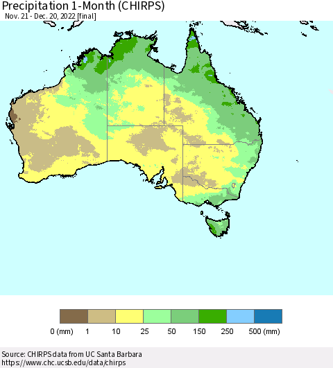 Australia Precipitation 1-Month (CHIRPS) Thematic Map For 11/21/2022 - 12/20/2022