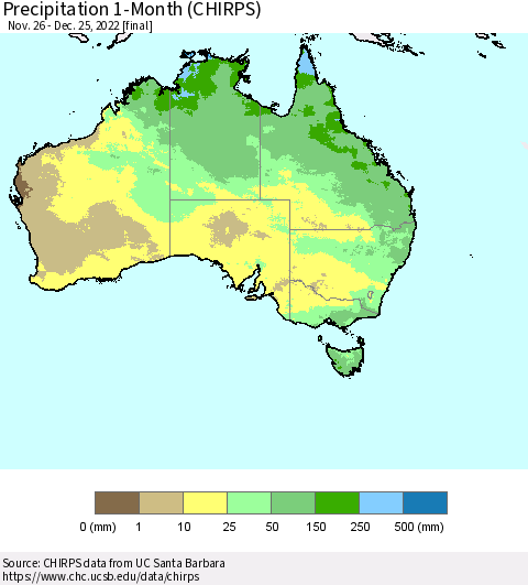 Australia Precipitation 1-Month (CHIRPS) Thematic Map For 11/26/2022 - 12/25/2022