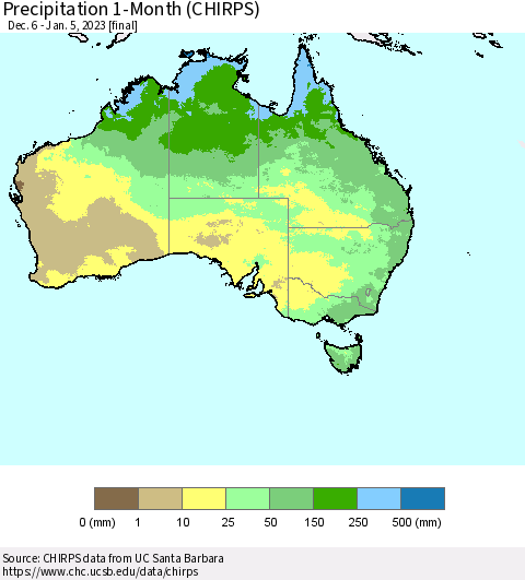 Australia Precipitation 1-Month (CHIRPS) Thematic Map For 12/6/2022 - 1/5/2023