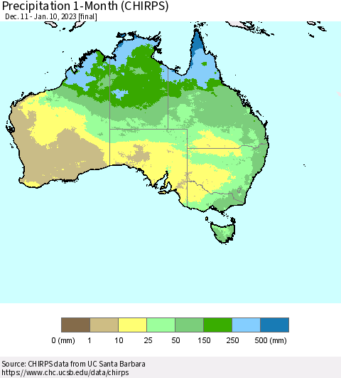 Australia Precipitation 1-Month (CHIRPS) Thematic Map For 12/11/2022 - 1/10/2023