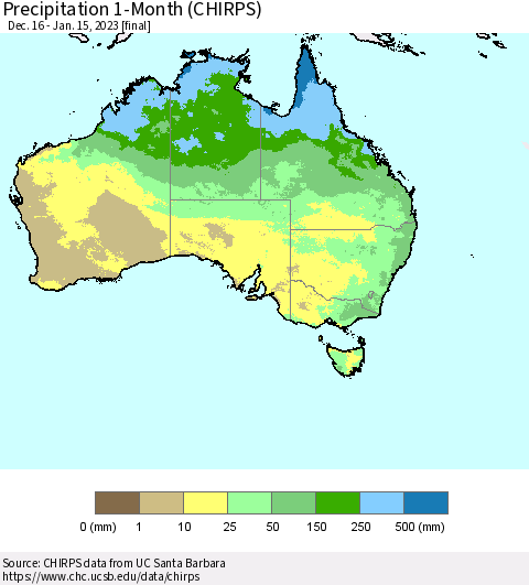 Australia Precipitation 1-Month (CHIRPS) Thematic Map For 12/16/2022 - 1/15/2023