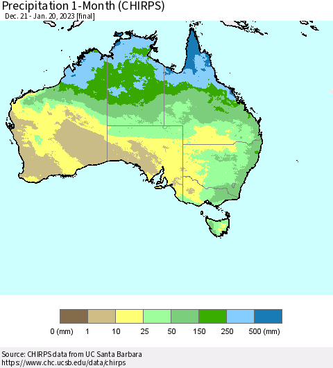 Australia Precipitation 1-Month (CHIRPS) Thematic Map For 12/21/2022 - 1/20/2023