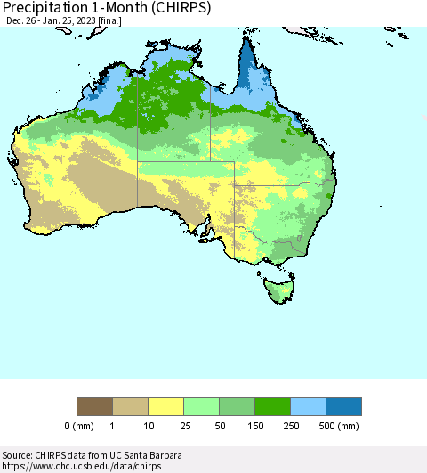 Australia Precipitation 1-Month (CHIRPS) Thematic Map For 12/26/2022 - 1/25/2023
