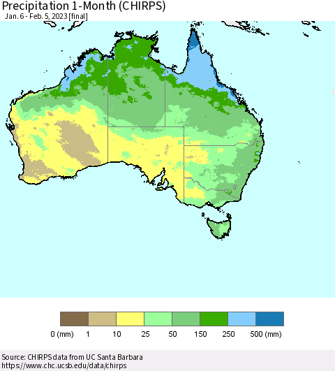Australia Precipitation 1-Month (CHIRPS) Thematic Map For 1/6/2023 - 2/5/2023
