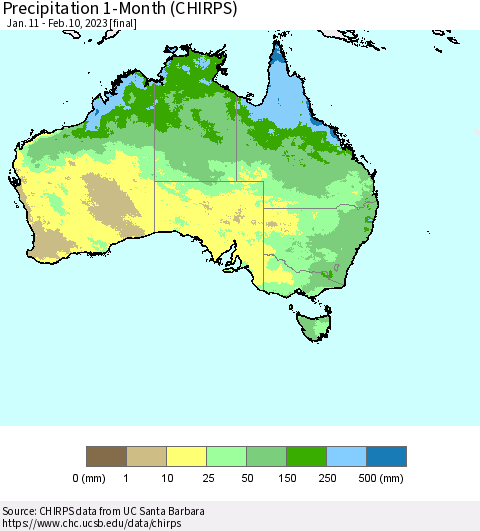 Australia Precipitation 1-Month (CHIRPS) Thematic Map For 1/11/2023 - 2/10/2023