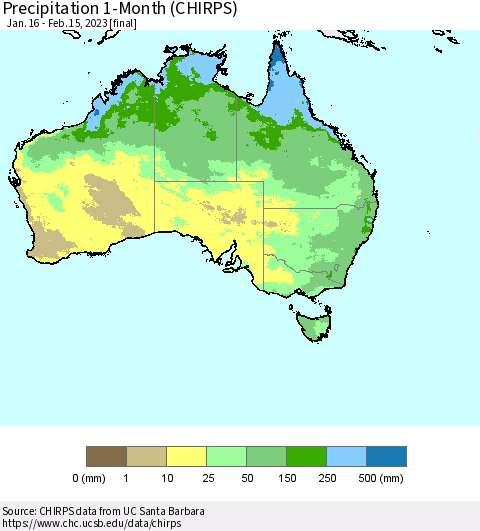Australia Precipitation 1-Month (CHIRPS) Thematic Map For 1/16/2023 - 2/15/2023
