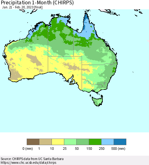 Australia Precipitation 1-Month (CHIRPS) Thematic Map For 1/21/2023 - 2/20/2023