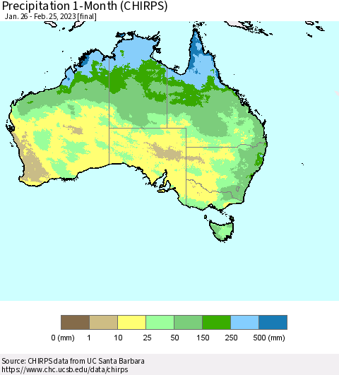 Australia Precipitation 1-Month (CHIRPS) Thematic Map For 1/26/2023 - 2/25/2023