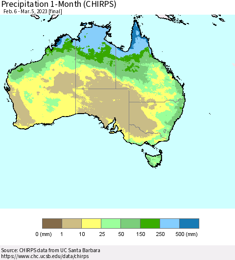 Australia Precipitation 1-Month (CHIRPS) Thematic Map For 2/6/2023 - 3/5/2023