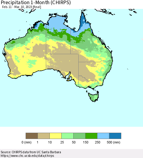 Australia Precipitation 1-Month (CHIRPS) Thematic Map For 2/11/2023 - 3/10/2023