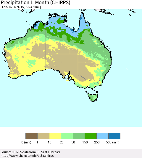Australia Precipitation 1-Month (CHIRPS) Thematic Map For 2/16/2023 - 3/15/2023