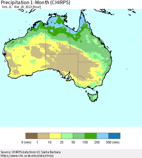 Australia Precipitation 1-Month (CHIRPS) Thematic Map For 2/21/2023 - 3/20/2023