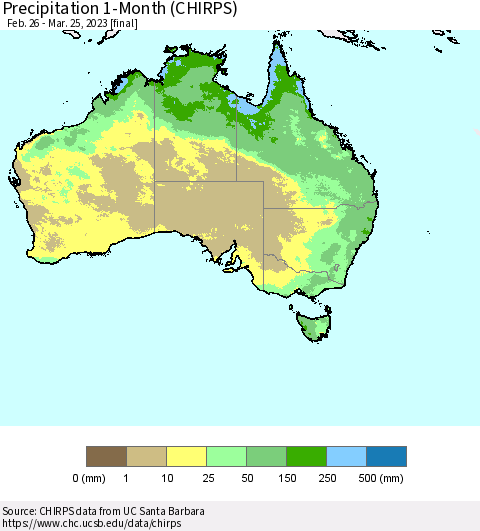 Australia Precipitation 1-Month (CHIRPS) Thematic Map For 2/26/2023 - 3/25/2023