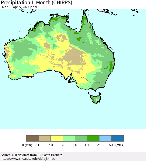 Australia Precipitation 1-Month (CHIRPS) Thematic Map For 3/6/2023 - 4/5/2023