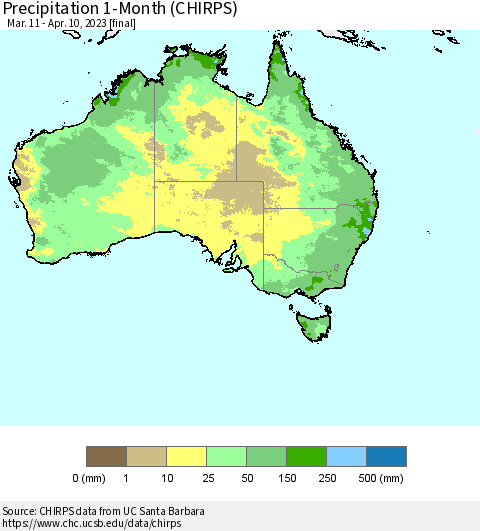 Australia Precipitation 1-Month (CHIRPS) Thematic Map For 3/11/2023 - 4/10/2023