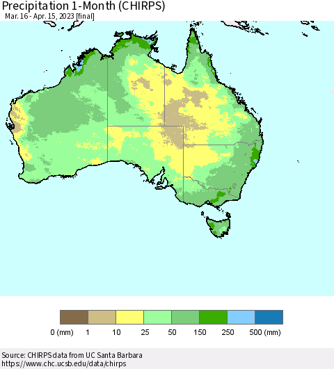 Australia Precipitation 1-Month (CHIRPS) Thematic Map For 3/16/2023 - 4/15/2023