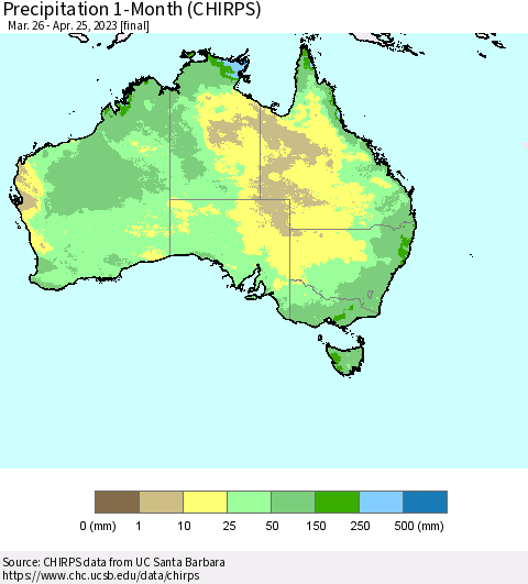Australia Precipitation 1-Month (CHIRPS) Thematic Map For 3/26/2023 - 4/25/2023