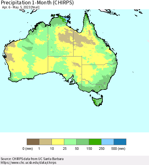 Australia Precipitation 1-Month (CHIRPS) Thematic Map For 4/6/2023 - 5/5/2023