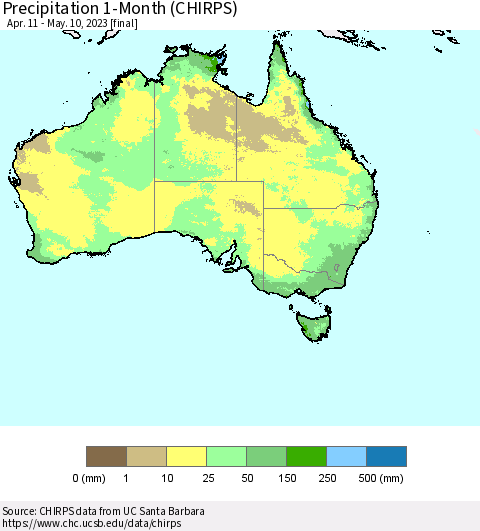 Australia Precipitation 1-Month (CHIRPS) Thematic Map For 4/11/2023 - 5/10/2023