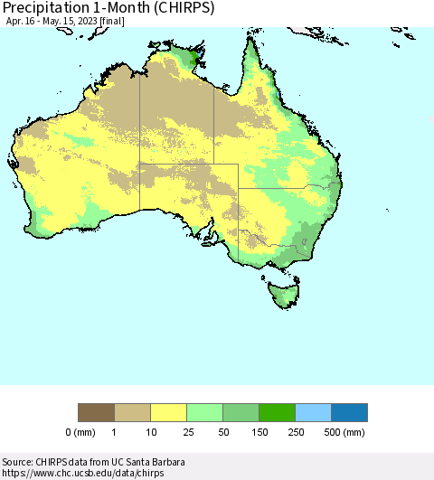 Australia Precipitation 1-Month (CHIRPS) Thematic Map For 4/16/2023 - 5/15/2023