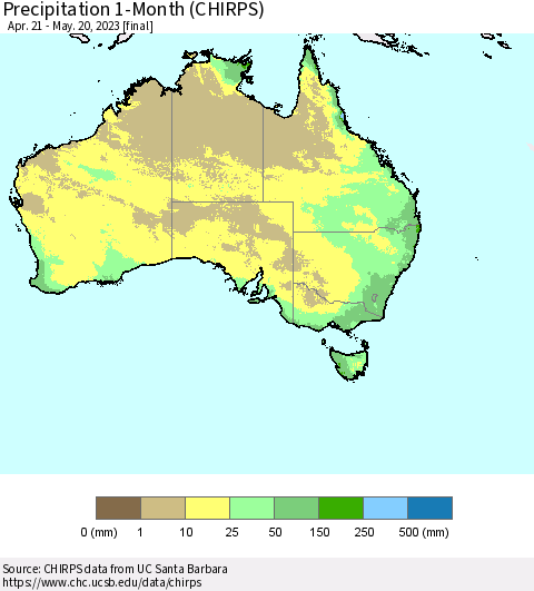 Australia Precipitation 1-Month (CHIRPS) Thematic Map For 4/21/2023 - 5/20/2023