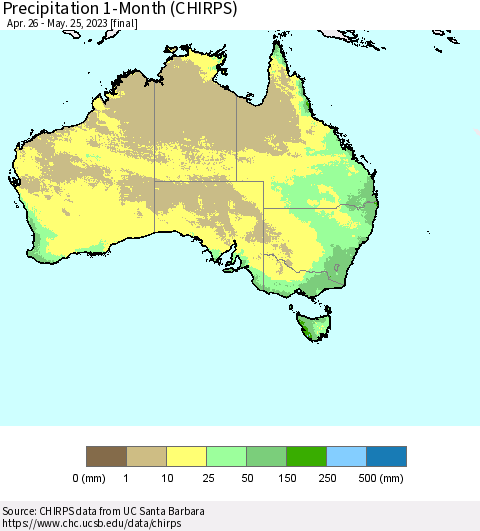 Australia Precipitation 1-Month (CHIRPS) Thematic Map For 4/26/2023 - 5/25/2023