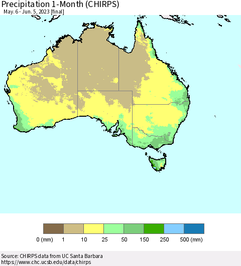 Australia Precipitation 1-Month (CHIRPS) Thematic Map For 5/6/2023 - 6/5/2023