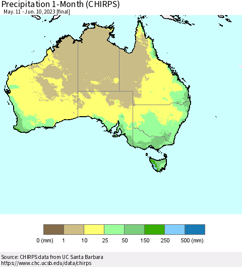 Australia Precipitation 1-Month (CHIRPS) Thematic Map For 5/11/2023 - 6/10/2023